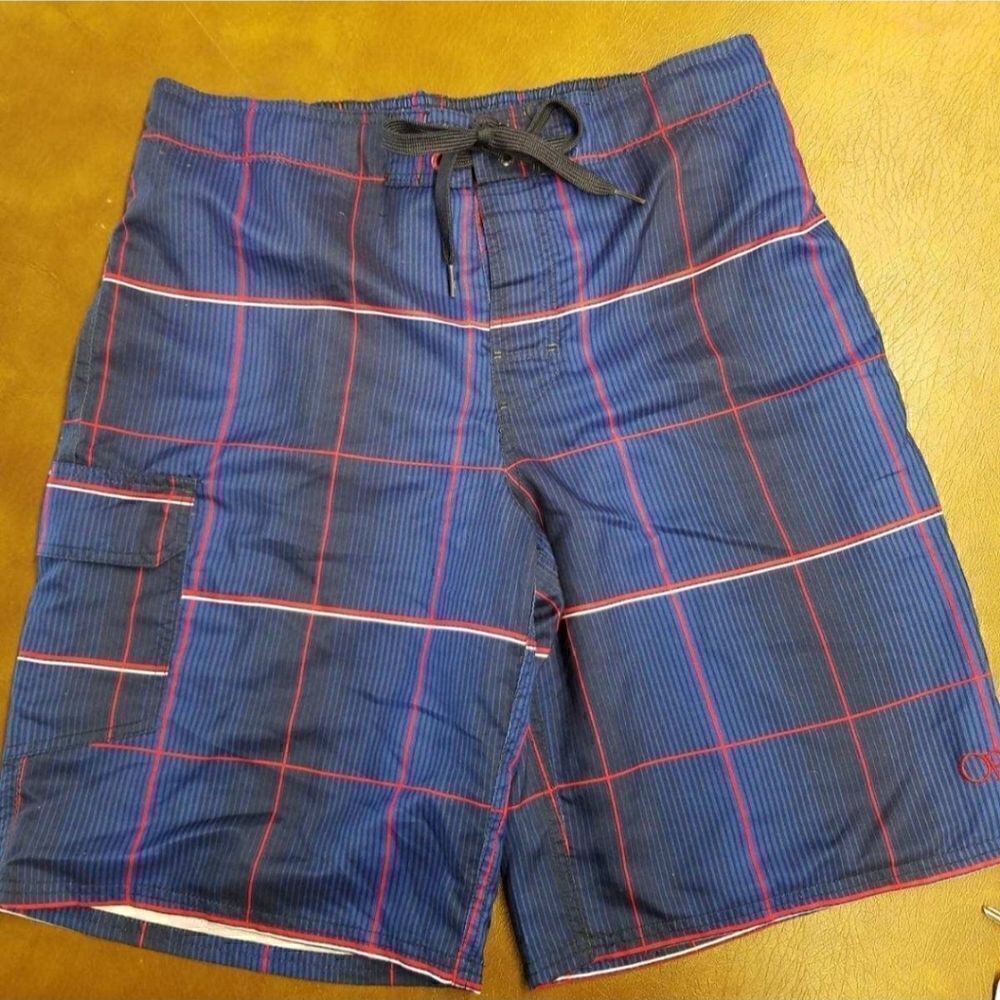 OP board swim trunks. Navy, red and white